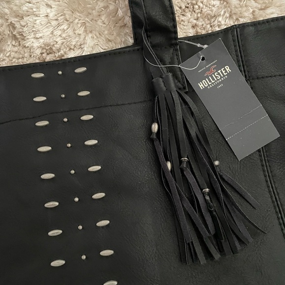 NWT Hollister Black Boho Faux Leather Tote Bag Beaded - Picture 2 of 2
